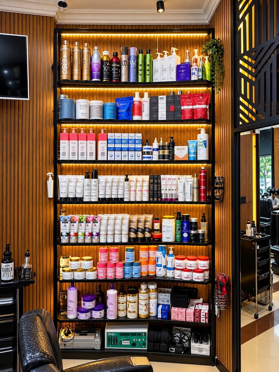 Bespoke styling stations with ambient hanging warm lights - JJ Barber Shop